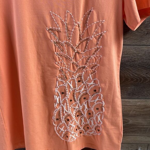 Coral Bay Ladies Scoop Neck Top, Size Small, Peach Color, Embellished Pineapple - Picture 3 of 7